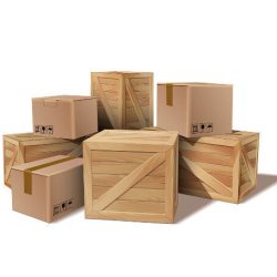 Pile of stacked sealed goods cardboard and wooden boxes. Delivery, cargo, logistic and transportation warehouse storage concept. Vector illustration isolated on white background.